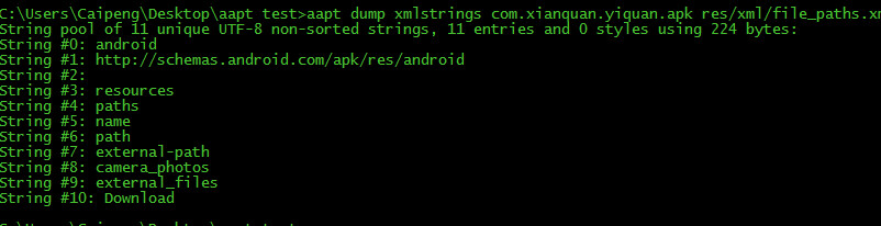 aapt dump xmlstrings